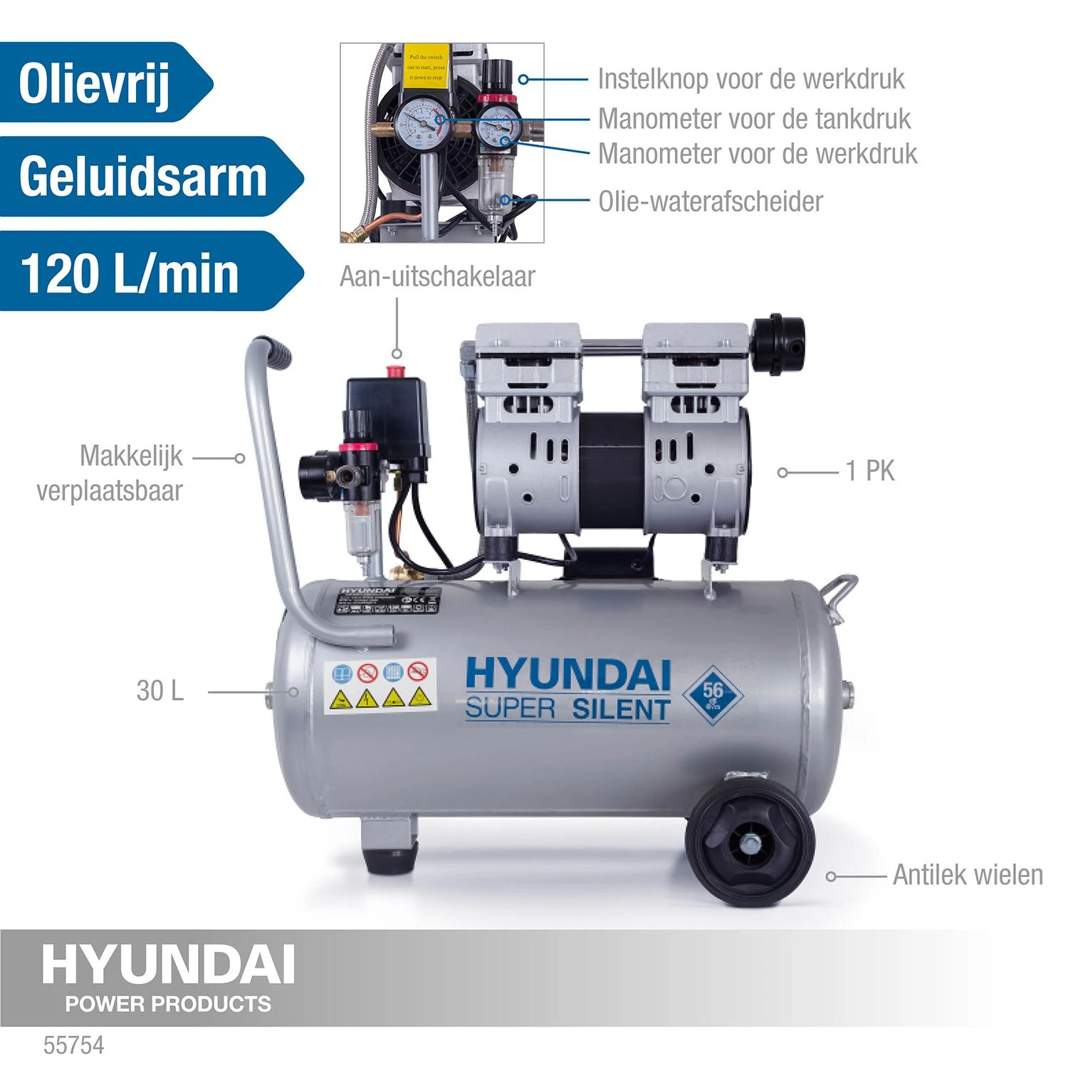 Hyundai 55754 Stille Compressor - 30L - 8bar 4 Hyundai 55754 Stille Compressor - 30L - 8bar - Afbeelding 2